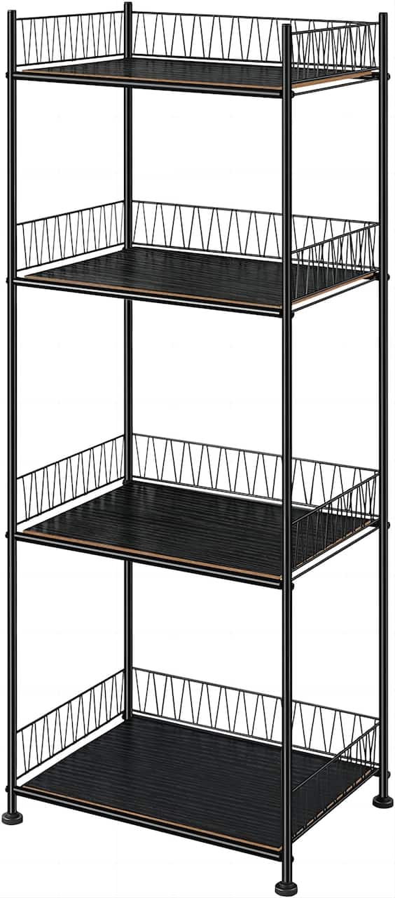 Black 4-Tier Bathroom Storage Rack Metal Shelving Unit with Wood Shelves